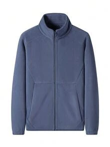 Men's Autumn/Winter Zipper Placket Pocket Casual Versatile Long Sleeve Fleece Jacket Coat Suitable For Daily Outings And Commuting - Dusty Blue - View 3