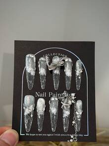 10pcs/Set Handmade Press-On Nail Tips, Millennial Style Stiletto False Nails, Silver Cat-Eye Gel Nail Stickers With Flower, Rhinestone And Bow Elements. Perfect For Parties And Daily Wear. Suitable For Women And Girls. Handcrafted Nail Decorations. - 彩色 - 查看 4