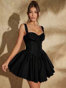 Nana's Women's Clothing Store   Vestido mini de estilo camiseta con volantes, de parche de encaje para damas - Celeste - Ver 2