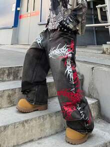 Infinite Jeans 1 pieza Estilo Callejero Americano Retro Pantalones Vaqueros Estampados para Hombre Pantalones Sueltos Cómodos de Pierna Ancha Pantalones Vaqueros Largos Versátiles para Todas las Estaciones (El Producto No Incluye Cinturón y Accesorios) - Negro - Ver 5