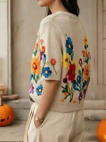 女款 V 領花卉刺繡圖案休閒百搭日常穿著針織上衣，夏季度假黃色 - 黃色 - 查看 4