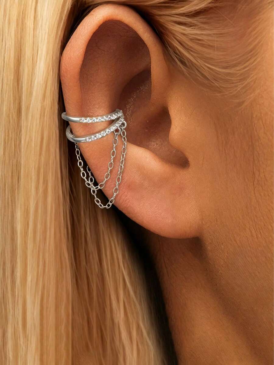 1 buah Anting Jepit Telinga Rantai Rumbai Dua Lapis Gaya Eropa dan Amerika Baru dengan Rhinestones, Perhiasan Telinga Mewah Kelas Atas yang Indah - Perak - View 1