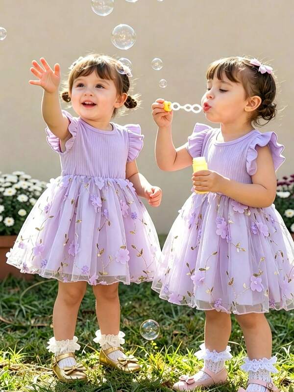 Baby Girl Gorgeous Elegant Summer Sleeveless Dress With 3D Flower Embroidery, Mesh And Gauze Patchwork