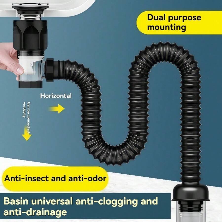 Flip-Top Odor-Proof Drain Pipe, Retractable Flexible Drainage Pipe, Universal For Kitchen Sink And Bathroom Basin, Anti-Insect, Anti-Clogging, Durable - Black Flip Cover - View 1