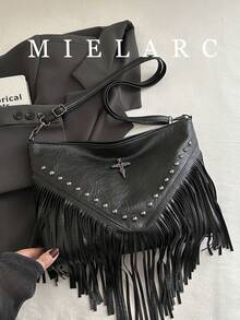 Bolso bandolera de cuero retro de moda, bolso de hombro estilo bohemio con flecos y remaches, cartera cuadrada casual, bolso de mensajero adecuado para viajes y uso diario, bolso bandolerade - Beis - Ver 2
