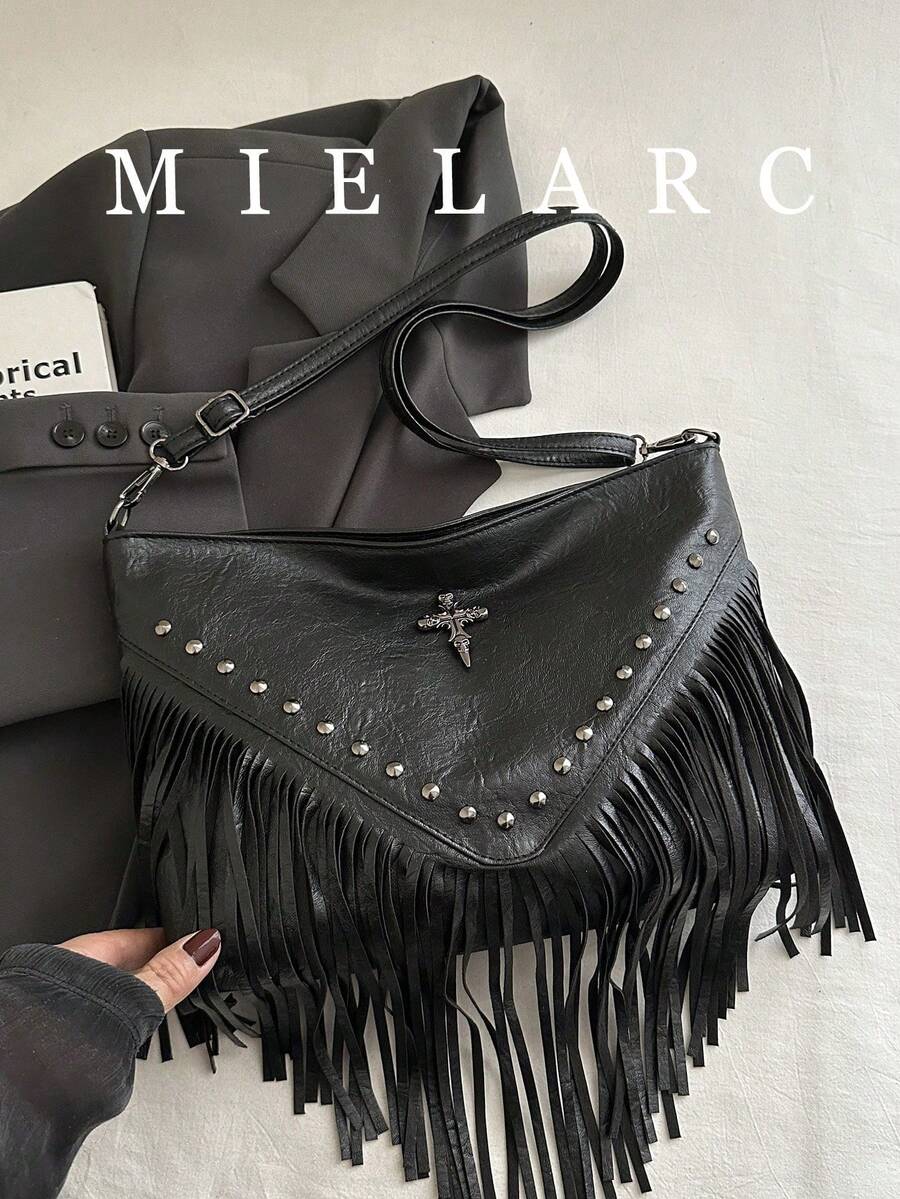Bolso bandolera de cuero retro de moda, bolso de hombro estilo bohemio con flecos y remaches, cartera cuadrada casual, bolso de mensajero adecuado para viajes y uso diario, bolso bandolerade