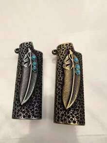1PC Gold Feather Design Turquoise Embellished Lighter Case - Embossed Metal Textured BIC J6 Feather Turquoise Lighter Shell, Suitable For BIC J6 Lighter Use, Portable Decorative Metal Shell Cover, Snap Closure, Reusable Fashion Decorative Accessory, Ideal Gift Choice For Men Smokers, Father's Day, Birthday Or Daily Use, Perfect Choice For Christmas And Halloween Gifts, |Elegant Appearance - Multiple Styles - View 8