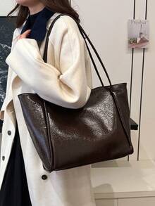 Tas Tote Wanita Serbaguna Gaya Modern, Seri Warna Solid Minimalis, Tas Bahu/Tas Komuter - Coffee Brown - View 4