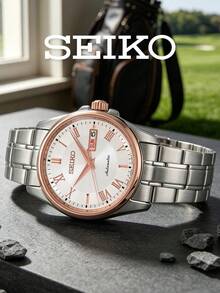Seiko Men's Dress Watch Automatic Mechanical White Wave Guilloche Dial Rose Tone Bezel Roman Numerals Steel Bracelet Day Date Display Elegant Gift for Golf - 白色 - 查看 5