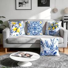 4pcs/1pc Fronha de Almofada em Porcelana Azul e Branca com Padrão Floral de Limão Sem Enchimento, Fronha de Almofada Impressa em Um Lado, Adequada para Sala de Estar, Quarto, Decoração de Casa, Fronha de Almofada para Todas as Estações - Multicolorido - Ver 7