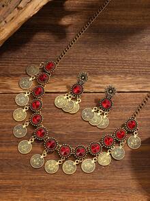 Bohemian Vintage Gold Colorful Crystal Jewelry Set, Sunflower Drop Earrings & Choker Necklace For Party - Round - View 9