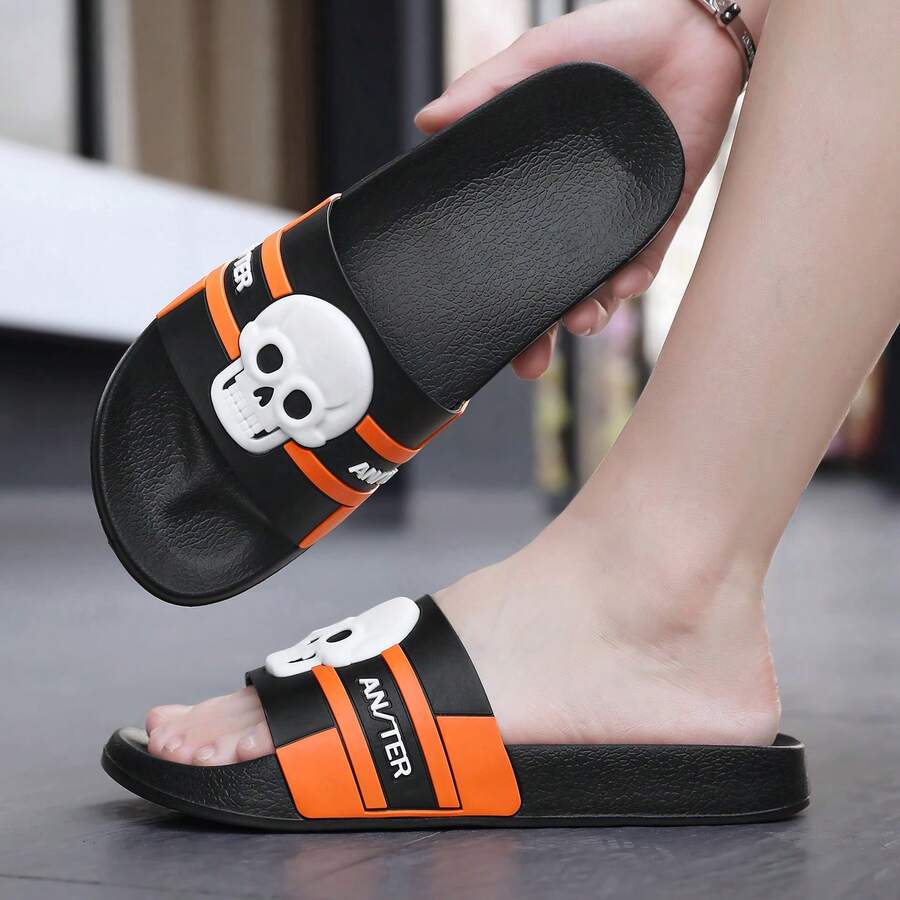 Letter Embossed Slide Sandals 2026 Spring/Summer Top Grain Leather Versatile Slip-On Slippers Couple Style - Black - View 1