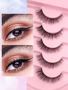 ENCHUW 5 Pairs Clear Stem Strip False Eyelashes, Fluffy Natural Style, Thin Lightweight Short Invisible 3D False Eyelashes - 黑色 - 查看 3