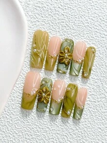 10pcs Elegant Handmade Press-On Nails, Polygel Nail Art Set, Pearl Petal Pattern, Dark Green Nail Polish, Minimalist Style, Includes Nail Tools, 3 Sizes Available, Almond/Duck/Coffin Shape, Suitable For Party, Dancing, Daily Wear - 彩色 - 查看 19