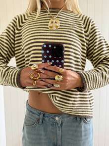Women's Striped Knit Pullover Sweater, Long Sleeve Regular Length Top, Suitable For Autumn Wear, Medium Stretch Comfortable - Multicolor - View 3