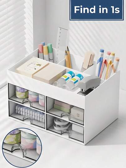 Ergonomic Desk Organizer With Large Top Compartments Heavy-Duty Makeup Storage Box For Teen Girls And Writers Practical Drawer Organizer Perfect For Vanity Counters To Hold Skincare Sticky Notes Office Supplies Storage Home Decor Bedroom Accessories