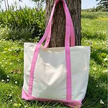1/4/8pcs 17.7x12.6x5.9inch Large Capacity Natural Color Contrast Color Canvas Multi-Piece Set, Wedding Bachelorette Party SPA Gift Tote Bag, Travel Storage Bag, Shopping Bag, Mommy Bag, Beach Bag, Essential For Wedding Theme Party - Beige Color Blocking - L - View 14