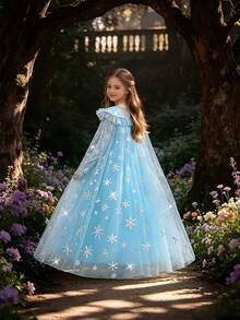 Prinzessinnenkleid für Kleine Mädchen mit Schneeflocken-Pailletten-Cape, langärmeliges Tüll-Puff-Prinzessinnenkleid, geeignet für Partys, Stirnband nicht enthalten - Blau - Übersicht 1