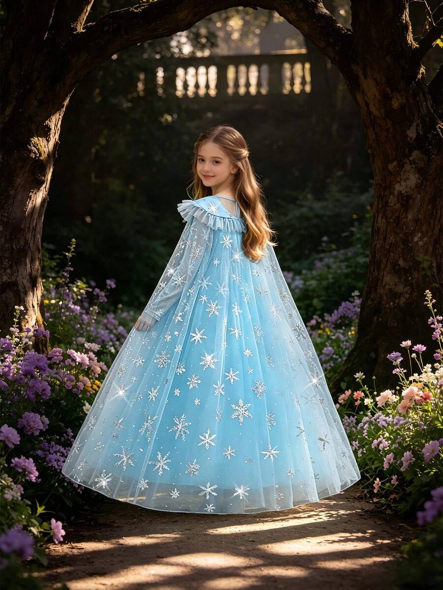 Prinzessinnenkleid für Kleine Mädchen mit Schneeflocken-Pailletten-Cape, langärmeliges Tüll-Puff-Prinzessinnenkleid, geeignet für Partys, Stirnband nicht enthalten - Blau - Übersicht 1
