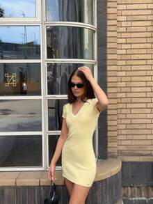 EAVA Basic Fall Butter Yellow V Neck Ribbed Knit Mini Dress, Slim Fit Fake Two Pieces Short Sleeve Skirt, Back To School Sportswear Clothes For Women - Yellow - View 7