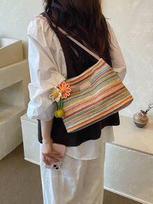 Nuevo bolso de hombro de paja con rayas de contraste coloridas estilo vacaciones de verano para mujer, con lindo dije de margarita, bolso de playa casual, bolso de axila tejido con rayas col - Multicolor - Ver 6