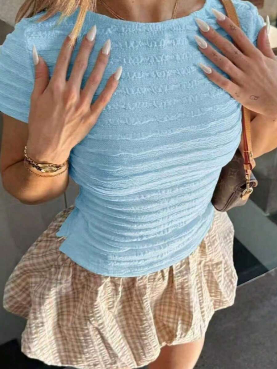 VIVINA 女款夏季純色極簡圓領拉鍊修身短袖T恤休閒款 - 藍色 - 查看 1