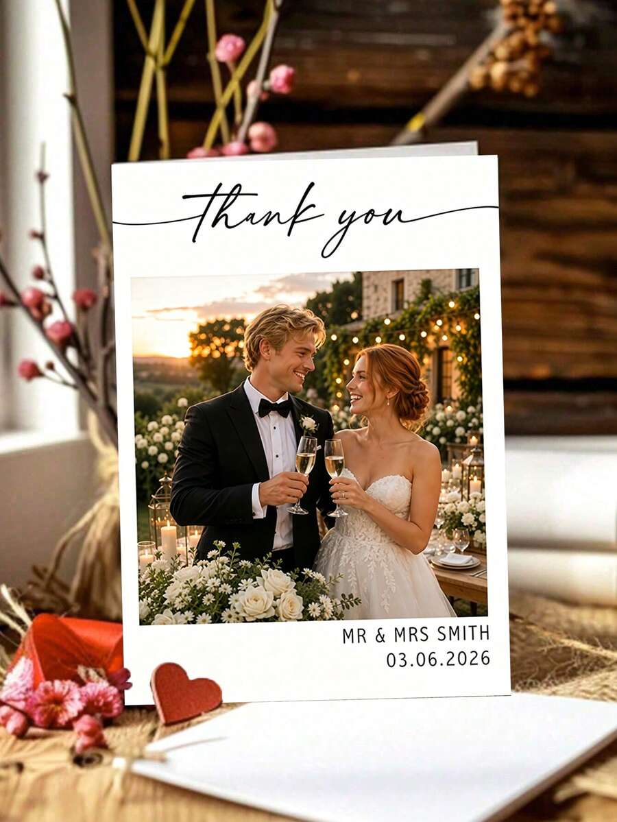 Tarjetas de agradecimiento personalizadas con foto de pareja y sobres, tarjetas de felicitación con nombre y fecha de recién casados personalizados, sube tu foto de boda romántica al atardecer, tarjetas de agradecimiento, tarjetas de regalo de boda, tarjetas de agradecimiento a los invitados, tarjetas de invitación de estilo floral blanco minimalista premium, adecuadas para boda, fiesta, aniversario, regalo, decoración - Multicolor - Ver 1