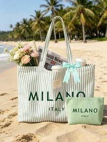 「Milan」字母印花復古條紋帆布托特包,附緞帶,化妝包,女款大容量條紋單肩包,可重複使用購物袋,休閒手提包,文具袋,學生鉛筆盒,內部寬敞輕巧耐用,適用於旅行、工作、上學、海灘、買菜、購物、週末出遊,開口設計方便使用,可水洗托特包,適合女性、媽媽、女孩的完美禮物,畢節紀念品,教師節禮物,節日、開學、生日、開學季、畢業季 - 彩色 - 查看 2