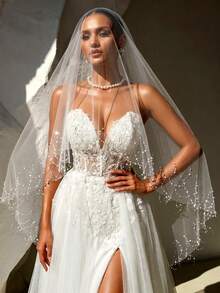 Double Layer Faux Crystal Bead Chain Design Bridal Veil, Can Cover Face, Wedding Dress Accessory, Comes With Hair Comb - Multicolor - View 3