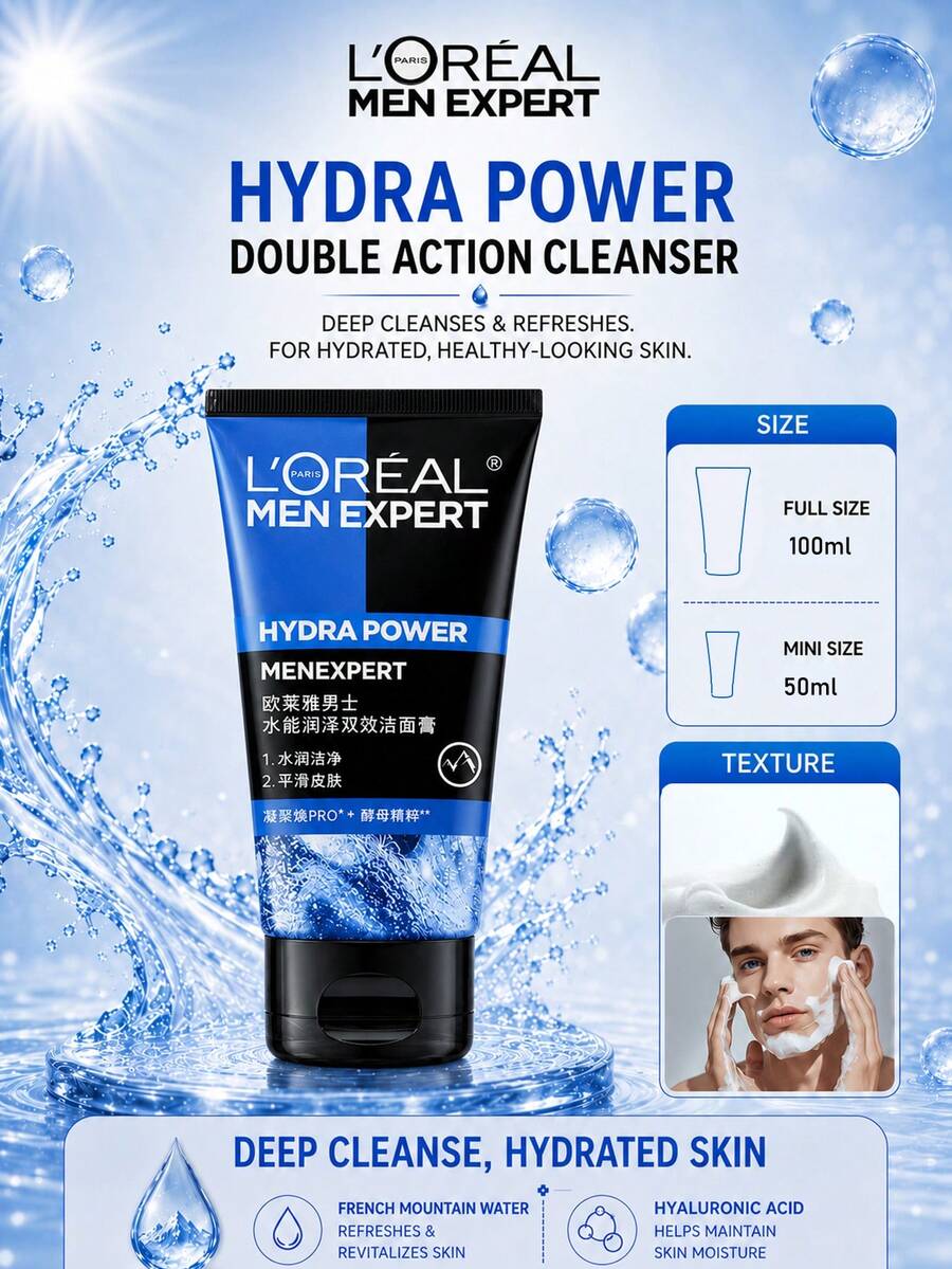 L’Oreal Paris L'Oreal 男士保濕雙效潔面乳 50/100ml，深層清潔毛孔、控油、提亮膚色，適合油性與敏感肌膚