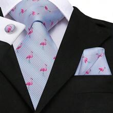 4件組男士灰色粉紅火烈鳥動物領帶套組，含領帶夾，適合日常、面試與送禮 - 淺灰色 - 查看 2