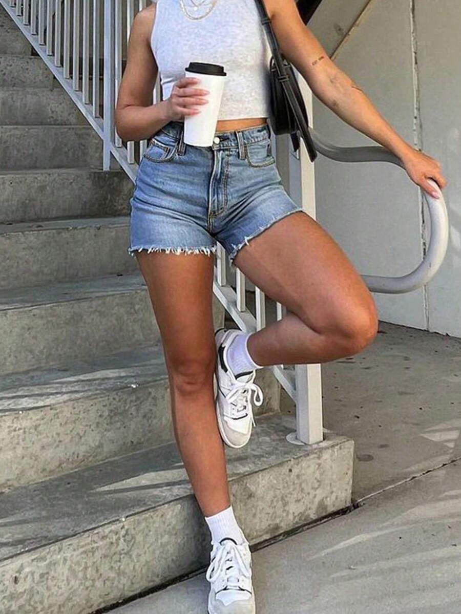 Quần short Bermuda denim dáng suông rộng rãi thoải mái cho nữ, thích hợp cho mùa hè. - Rửa nhẹ - Xem 1