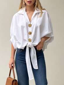 ChicMe Women's Palace Style Lapel Batwing Sleeve Gold Floral Button Front Loose Tie Front Casual Blouse - White - View 2