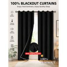1pc 100% Blackout Solid Color Rod Pocket Curtain, Minimalist Room Darkening Thermal Insulated & Privacy Protection Window Panel With Coated Lining, For Bedroom, Living Room, Office & Outdoor Home Decor. - Black - View 11
