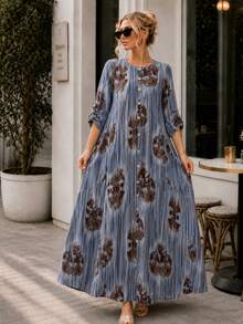 Plus Size Printed Maxi Dress for Women Long Sleeve Button Down Bohemian Casual Dress with Pockets - 藍色 - 查看 3