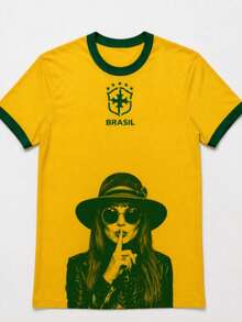 Brazil Football T-Shirt - Brazil Vs. Rita - New Release - Exclusive Print! - Yellow With Green Collar - View 1