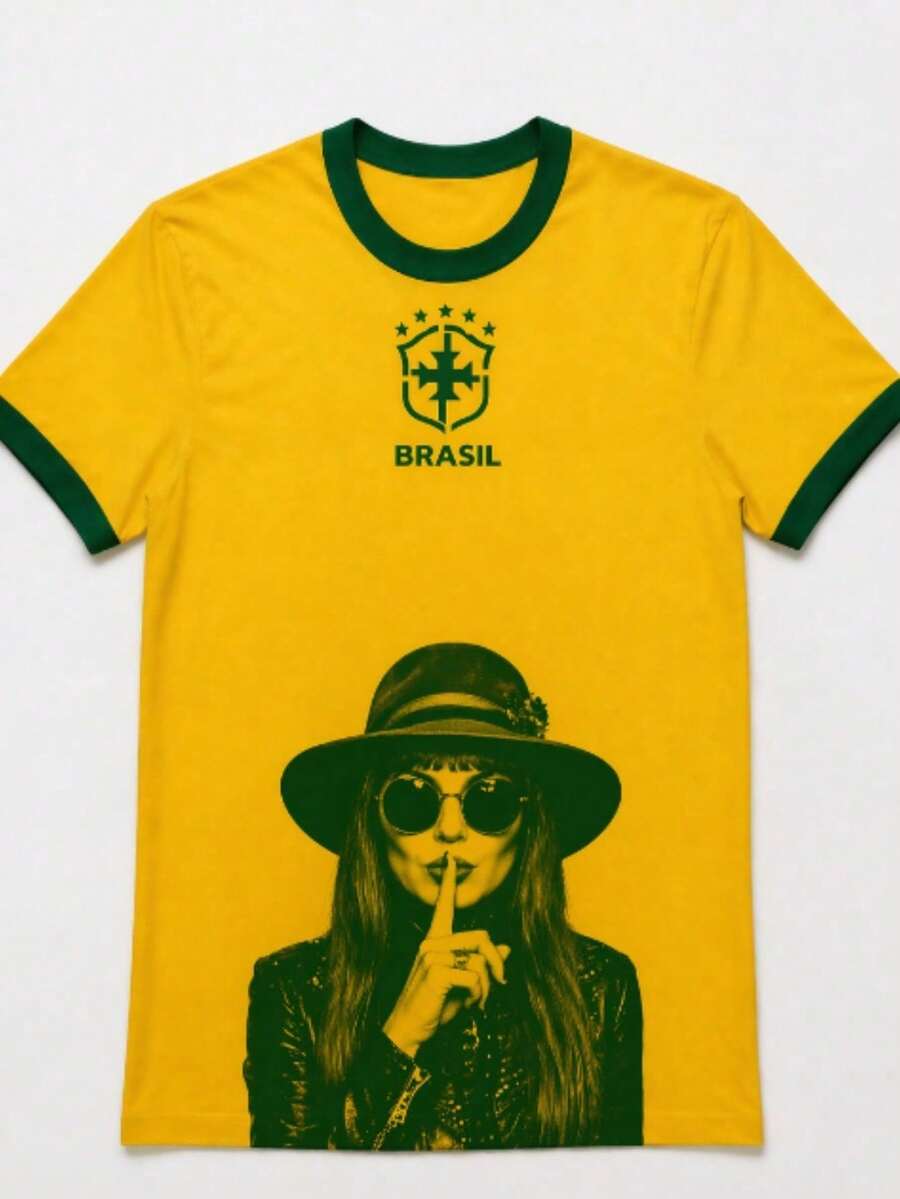 Brazil Football T-Shirt - Brazil Vs. Rita - New Release - Exclusive Print! - Yellow With Green Collar - View 1