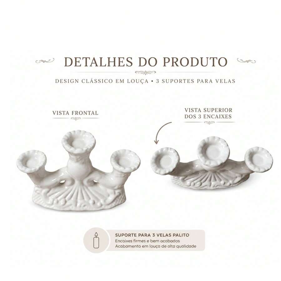 Castiçal de Louça para 3 Velas Branco | Elegância | Decoração | Espiritualidade - 1PC - Visão 1