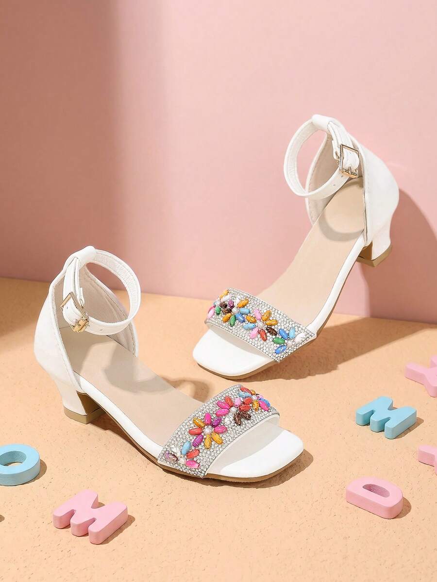 1 Pasang Sandal Hak Tinggi Musim Panas Baru untuk Anak Perempuan, Dekorasi Manik-Manik Warna-warni dengan Rhinestone Perak, Gesper Ujung Persegi Ujung Terbuka Sepatu Putri Manis, Cocok untuk Pesta, Pertunjukan, Belanja, Dipadukan dengan Gaun - Putih - View 1