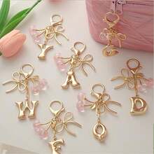 1Pc Initial Keychain, Coquette Cherry Bow Charm Pendant, Y2K Aesthetic Resin Keyring For Backpack Car, Cute Gift For Her Women Girls - Multicolor - View 2