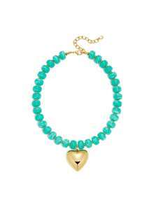 Collier femme épais avec perles en résine colorées, ras-du-cou en acrylique avec cœur 3D doré exagéré, bijou - Bleu ciel - Voir 1