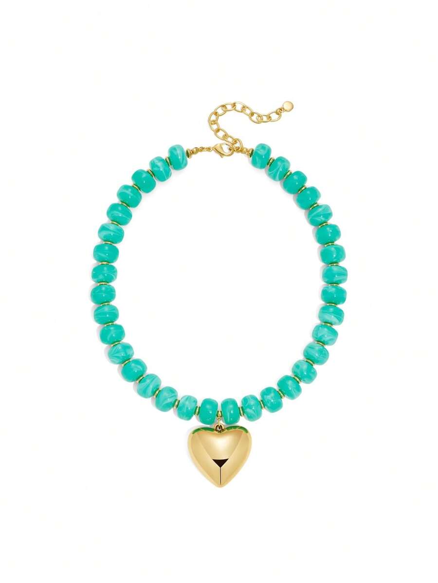 Collier femme épais avec perles en résine colorées, ras-du-cou en acrylique avec cœur 3D doré exagéré, bijou - Bleu ciel - Voir 1