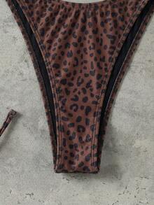 Ensemble de bikini vintage à imprimé léopard avec col licou et lien, maillot de bain de plage sexy push-up taille haute coupe slim en deux pièces, convient pour les femmes en vacances d'été - Multicolore - Voir 4