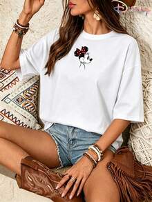 Women's Oversized White T-Shirt, Disney Minnie Mouse Double-Sided Signature Graphic Print, Crew Neck Short Sleeve Casual Tee - White - View 3