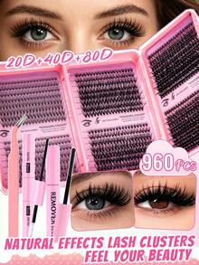 Ensemble de faux cils en grappes 960, comprenant des cils recourbés 20D+40D+80D, longueur 8-16mm, mélangés avec des extensions de cils naturels, livré avec de la colle, du démaquillant et des pinces, grappes de cils ultra-épaisses et ultra-longues, cils recourbés individuels - Noir - Voir 2