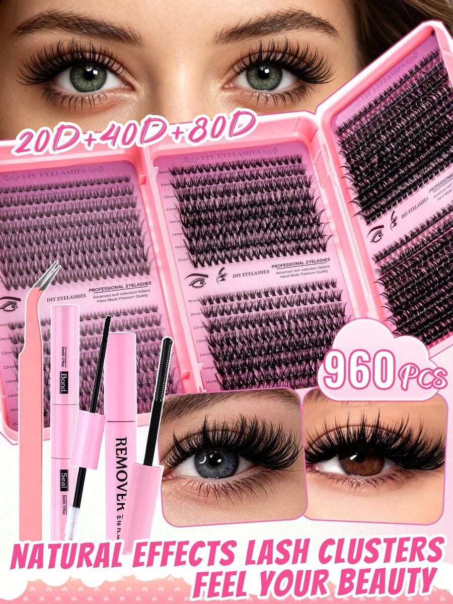 Ensemble de faux cils en grappes 960, comprenant des cils recourbés 20D+40D+80D, longueur 8-16mm, mélangés avec des extensions de cils naturels, livré avec de la colle, du démaquillant et des pinces, grappes de cils ultra-épaisses et ultra-longues, cils recourbés individuels