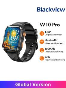 Blackview W10 Pro 智慧手錶，配備 LED 手電筒、AI 對話助手、GPS 定位、藍牙通訊、通話與訊息提醒、旋鈕控制、100+ 種運動模式、健康管理、600mAh 電池超長待機 - 黑色 - 查看 1