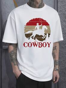 Cowboy Figure Riding A Horse Under A Red Sunset, Symbol Of Freedom And Adventure, Spirit Of The West, Urban Casual Men's T-Shirt - 白色 - 查看 8