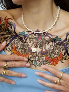 Waterproof Lady Temporary Tattoo Sticker For Women, Colorful Chicano Chest Fake Tattoo, Long Lasting Body Art For Collarbone Chest Shoulder - Multicolor - View 2