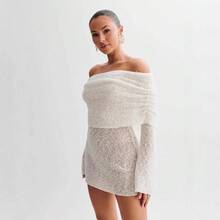Vestido Mini Tejido Texturizado Azul Claro Sin Hombros, Banda Doblada con Fruncidos, Manga Larga Campana, Corte Ajustado para Citas y Fiestas Nocturnas - Albaricoque - Ver 3